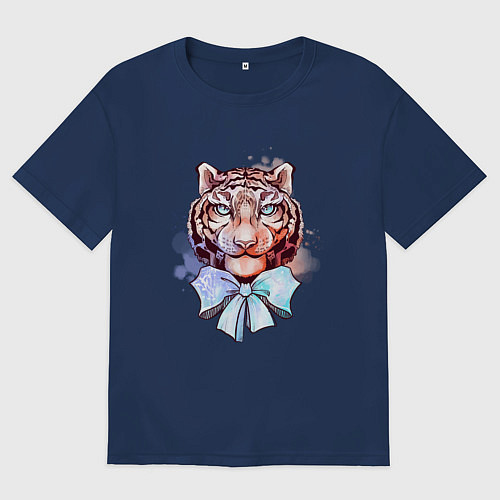 Женская футболка оверсайз Акварельный рыжий тигр с голубым бантом / Тёмно-синий – фото 1