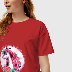 Футболка оверсайз женская Единорог среди цветов и ягод Акварель, цвет: красный — фото 2