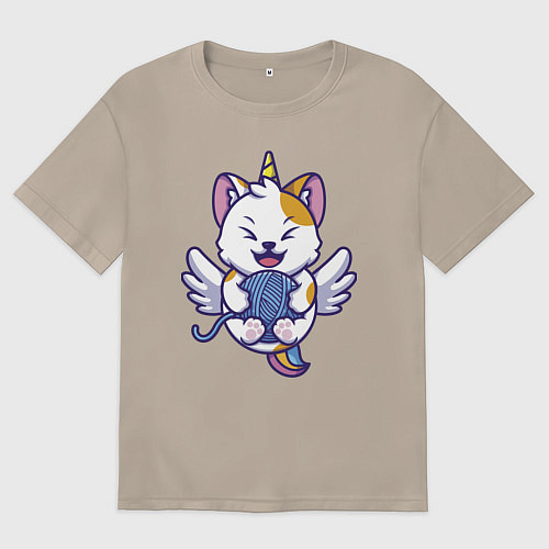 Женская футболка оверсайз Кот - единорог и клубок / Миндальный – фото 1