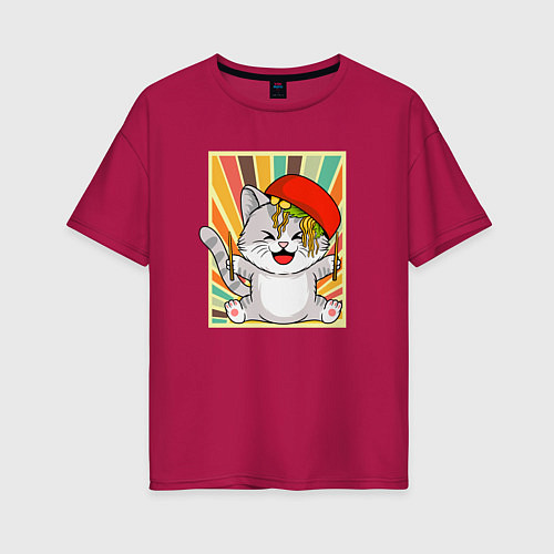 Женская футболка оверсайз Cat Eating Ramen / Маджента – фото 1