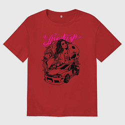 Футболка оверсайз женская Девушка с тату и череп, цвет: красный