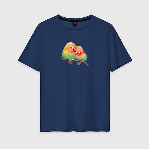 Женская футболка оверсайз Любовь птичек love birds / Тёмно-синий – фото 1
