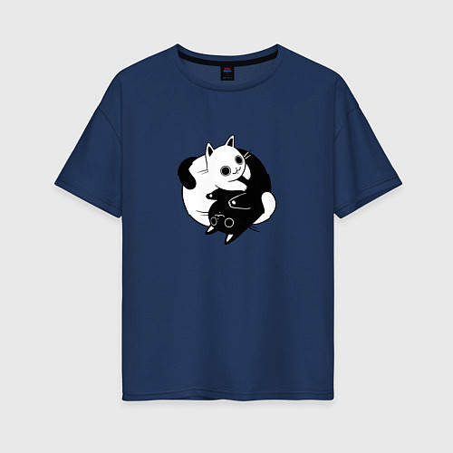 Женская футболка оверсайз Yin Yang Black And White Cats / Тёмно-синий – фото 1