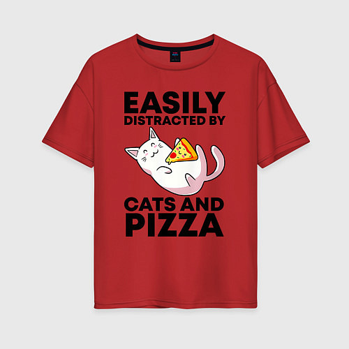 Женская футболка оверсайз Легко отвлекаюсь на котов и пиццу / Красный – фото 1