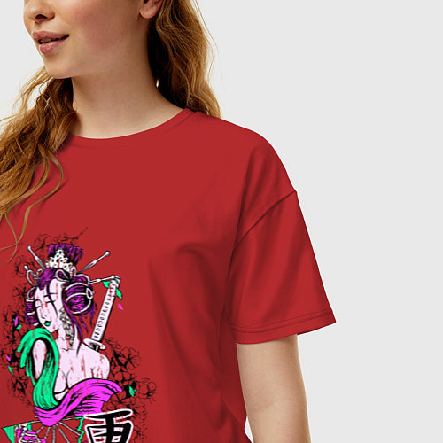 Женская футболка оверсайз Гейша с мечом / Красный – фото 3