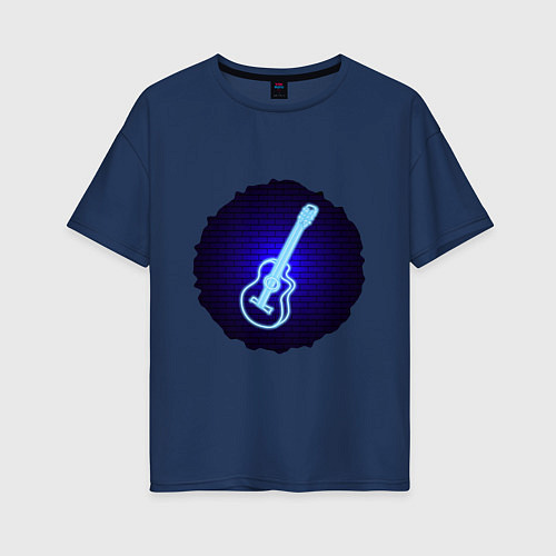 Женская футболка оверсайз Неоновая гитара на фоне кирпичной стены / Тёмно-синий – фото 1
