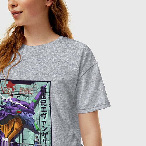 Женская футболка оверсайз Евангелион eva 01 робот / Меланж – фото 3