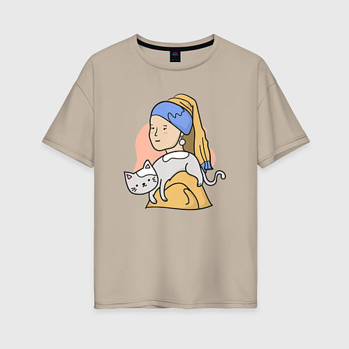 Женская футболка оверсайз Кошка с жемчужной серёжкой / Миндальный – фото 1