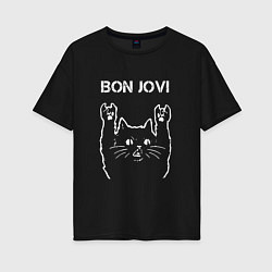 Футболка оверсайз женская Bon Jovi Рок кот, цвет: черный