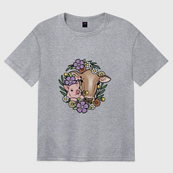 Футболка оверсайз женская ТЕЛЕНОК С ПОРОСЕНКОМ В ЦВЕТАХ, цвет: меланж