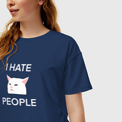 Футболка оверсайз женская I hate people, текст с белым мемным котом, цвет: тёмно-синий — фото 2