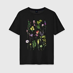 Футболка оверсайз женская Полевые растения цветы ботаника, цвет: черный