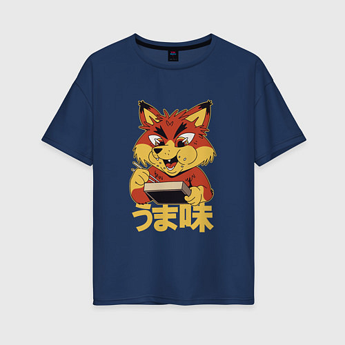 Женская футболка оверсайз Japanese Fox Eating Ramen Японская лиса ест Рамен / Тёмно-синий – фото 1