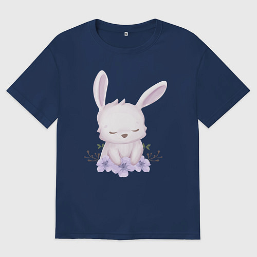 Женская футболка оверсайз Милый Крольчонок С Цветочками / Тёмно-синий – фото 1