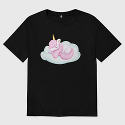 Футболка оверсайз женская Милый Единорог Спит На Облаке, цвет: черный
