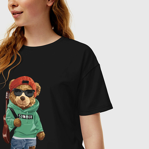 Женская футболка оверсайз Прикольный мишутка гитарист Cool teddy bear guitar / Черный – фото 3