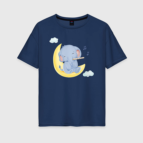 Женская футболка оверсайз Милый Слонёнок Сидит На Месяце Играя На Флейте / Тёмно-синий – фото 1