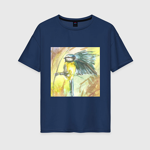 Женская футболка оверсайз Синица-лазоревка в стиле акварель / Тёмно-синий – фото 1