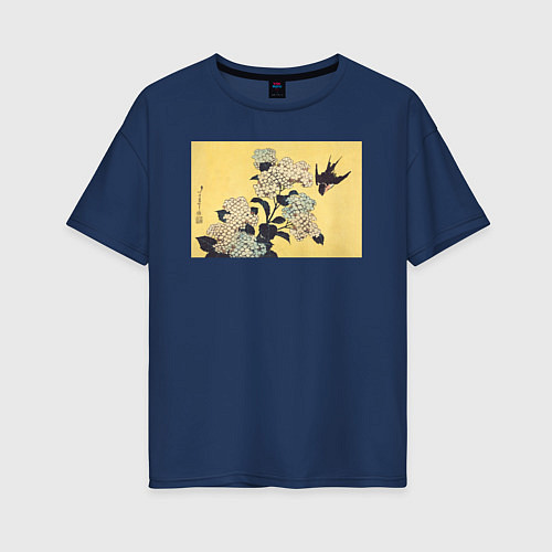 Женская футболка оверсайз Hydrangea and Swallow Ласточка / Тёмно-синий – фото 1