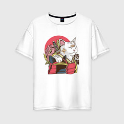 Футболка оверсайз женская Котик Самурай Samurai Cat Japanese art, цвет: белый