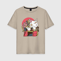 Женская футболка оверсайз Котик Самурай Samurai Cat Japanese art