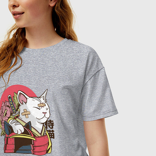 Женская футболка оверсайз Котик Самурай Samurai Cat Japanese art / Меланж – фото 3