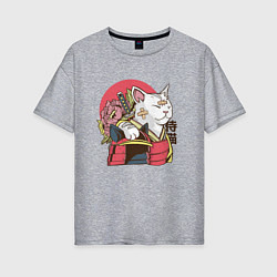 Футболка оверсайз женская Котик Самурай Samurai Cat Japanese art, цвет: меланж
