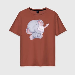 Женская футболка оверсайз Милый Слонёнок и Крольчонок Обнимаются