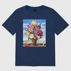Футболка оверсайз женская Bouquet of Flowers on a Ledge Букет цветов, цвет: тёмно-синий