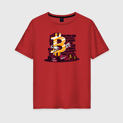 Женская футболка оверсайз Биткоин на фоне стены Bitcoin / Красный – фото 1