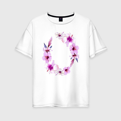 Женская футболка оверсайз Цветы Венок Из Розовых Гибискусов / Белый – фото 1