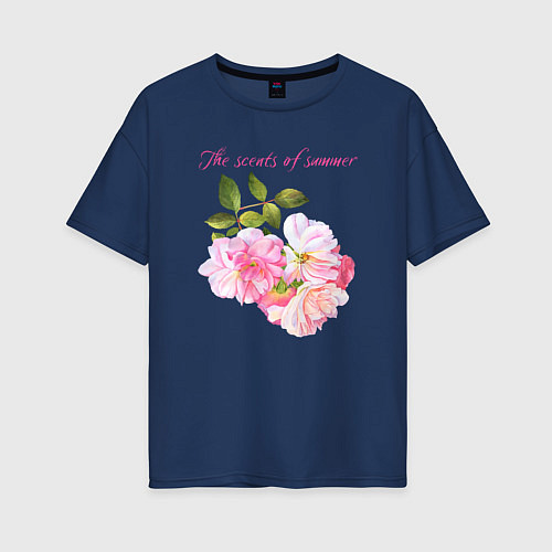 Женская футболка оверсайз Ароматы лета розовые розы лето / Тёмно-синий – фото 1