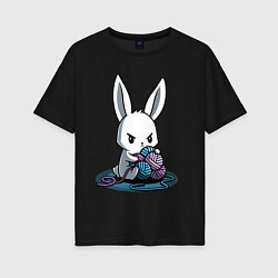 Футболка оверсайз женская Зайчонок обнял клубки The bunny hugged the balls, цвет: черный