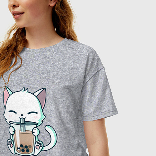 Женская футболка оверсайз Котик с бабл ти / Меланж – фото 3
