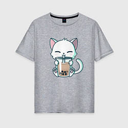 Футболка оверсайз женская Котик с бабл ти, цвет: меланж