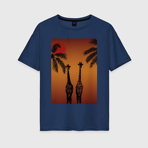 Женская футболка оверсайз Жирафы и пальмы на закате / Тёмно-синий – фото 1