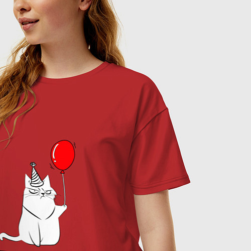 Женская футболка оверсайз Искренний кот с шариком / Красный – фото 3