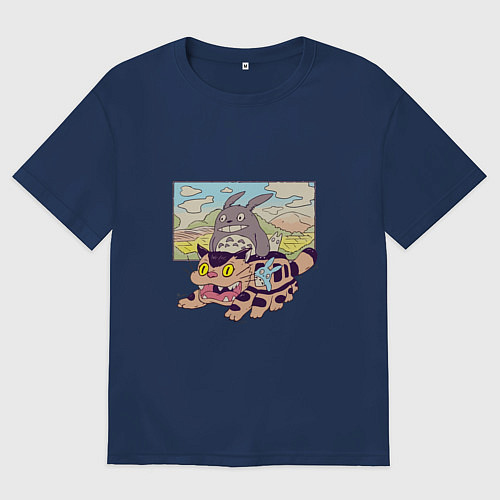 Женская футболка оверсайз Тоторо на котобусе / Тёмно-синий – фото 1