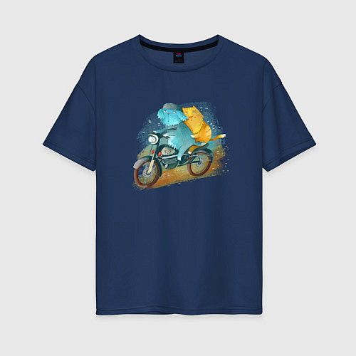 Женская футболка оверсайз Кошки на мотоцикле / Тёмно-синий – фото 1
