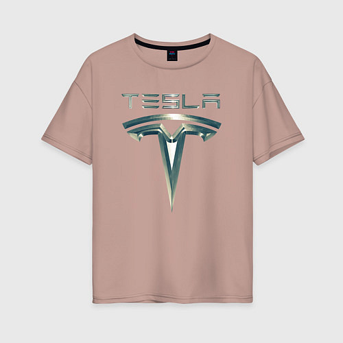 Женская футболка оверсайз Tesla Logo Тесла Логотип Карбон / Пыльно-розовый – фото 1