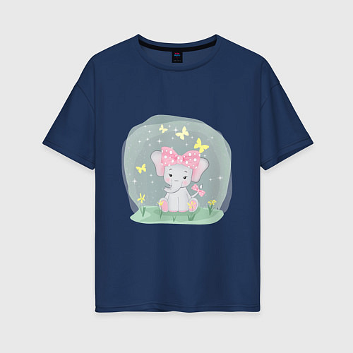 Женская футболка оверсайз Милый мультяшный слоник с розовым бантом / Тёмно-синий – фото 1