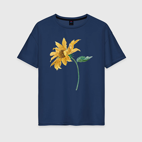 Женская футболка оверсайз Branch With a Sunflower Подсолнух / Тёмно-синий – фото 1