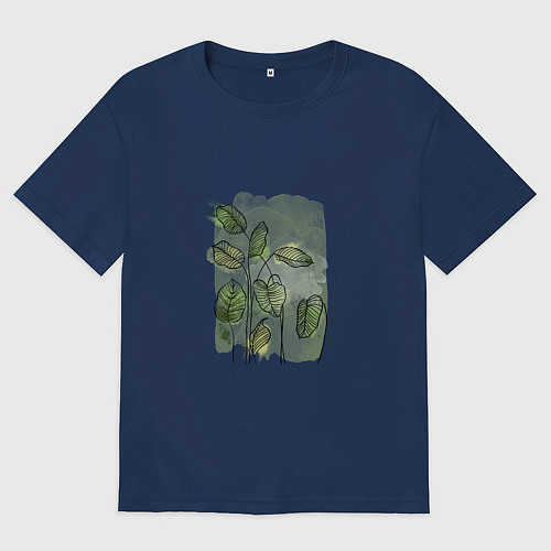 Женская футболка оверсайз Нежные листья на акварельном фоне / Тёмно-синий – фото 1