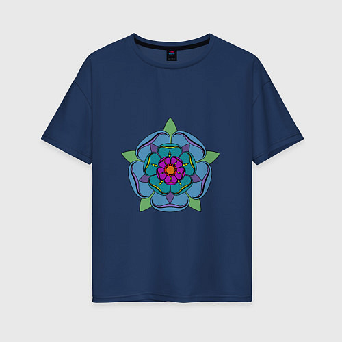 Женская футболка оверсайз Цветок - мандала / Тёмно-синий – фото 1