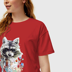 Футболка оверсайз женская Мордочка енота - акварель, цвет: красный — фото 2