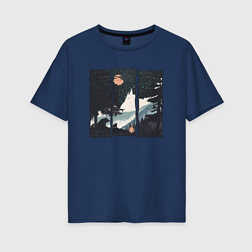 Женская футболка оверсайз Оранжевая луна и медвежий кемпинг / Тёмно-синий – фото 1