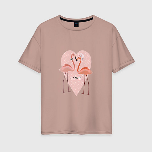 Женская футболка оверсайз Розовые фламинго на фоне розового сердца / Пыльно-розовый – фото 1