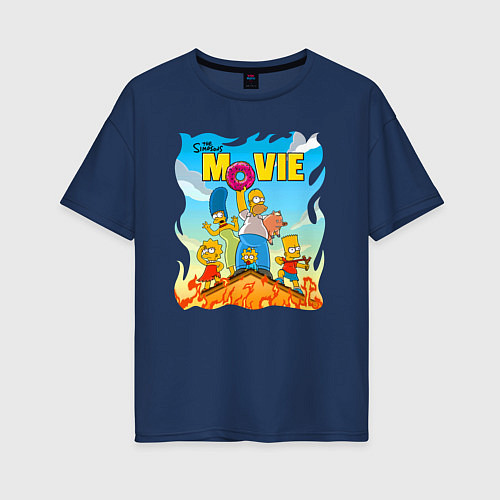 Женская футболка оверсайз The Simpsons movie - семейка прячется от пожара на / Тёмно-синий – фото 1