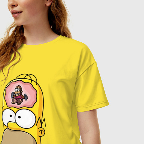 Женская футболка оверсайз Мартышка бьёт в тарелки в голове Гомера Симпсона / Желтый – фото 3