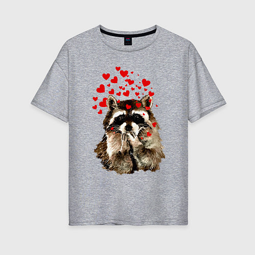 Женская футболка оверсайз Поцелуйчик енота с сердечками / Меланж – фото 1